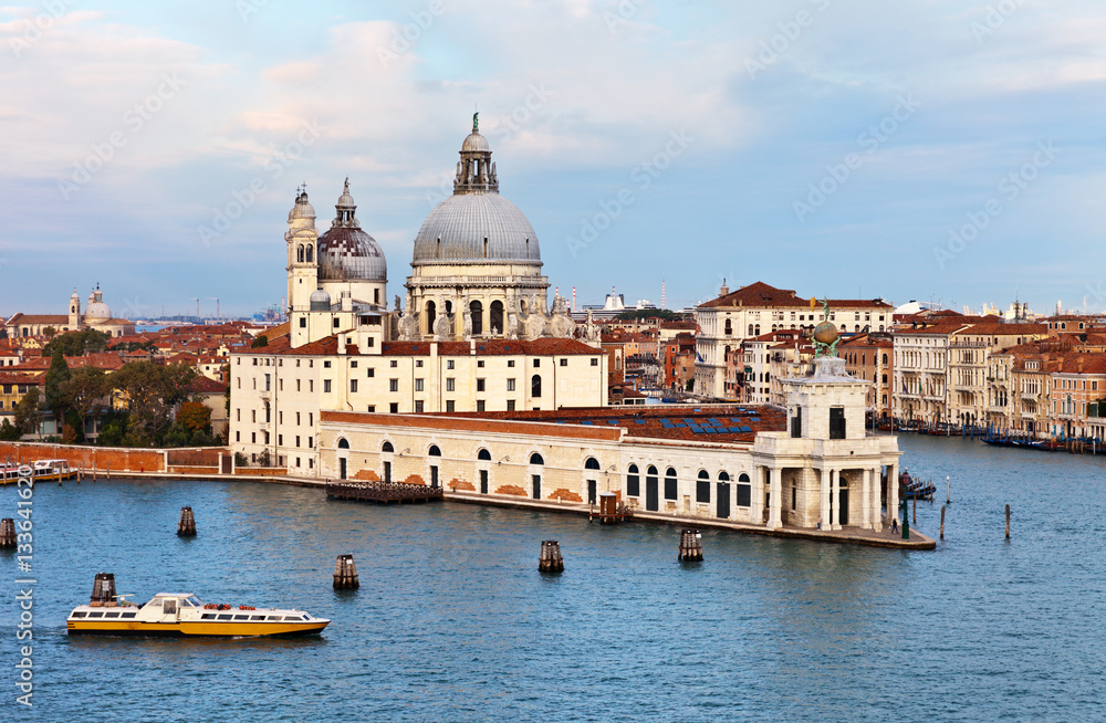Venice. View from Cathedral of Santa Maria della Salute, Punta della Dogana Museum and Zattere from above