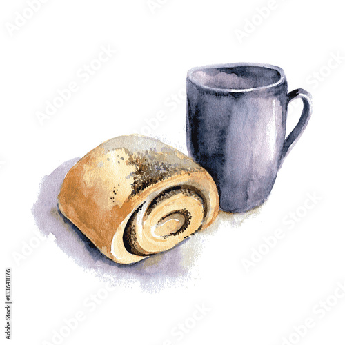 Bun and a mug. Watercolor illustration on white background.