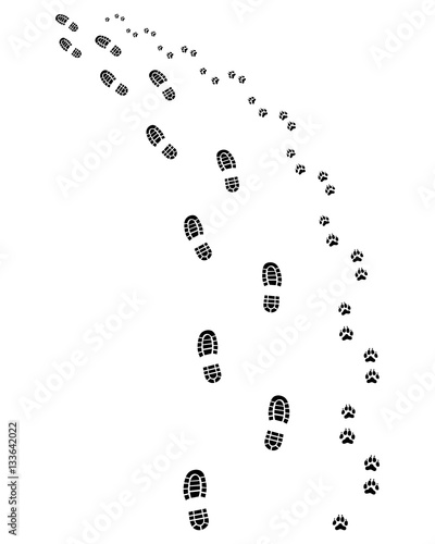Footprints of man and dog, turn left, vector