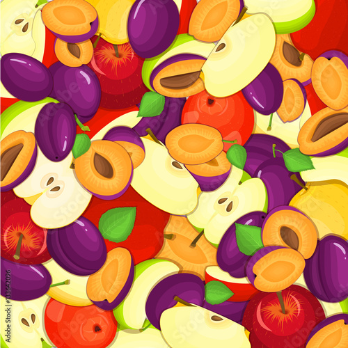 Ripe juicy plum apple background. Vector card illustration. Closely spaced fresh plums applles peeled  piece of half  slice  seed appetizing looking pattern for packaging design healthy food diet