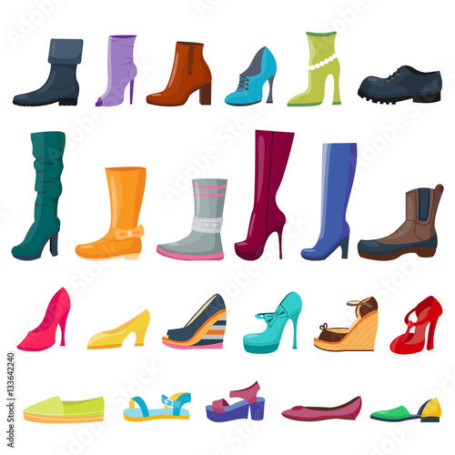 Set of colorful shoes and boots for women and men. Vector illustration. Collection for shops and fashion. Cartoon flat style