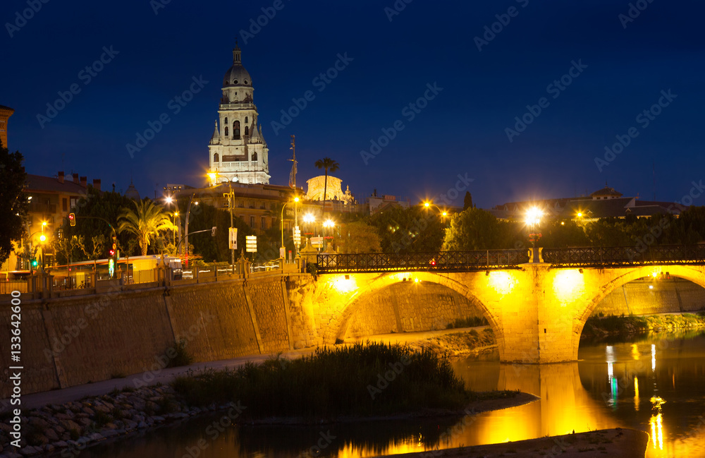 Medieval bridge over Segura river in night. Murcia
