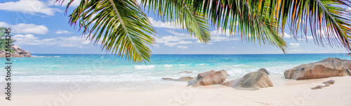panorama de plage paradisiaque des Seychelles sous les cocotiers  © Unclesam