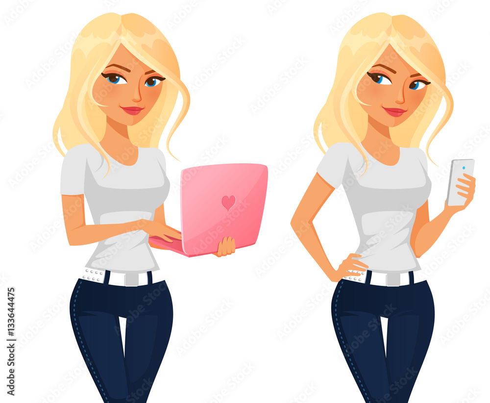 cute blonde girl with laptop and mobile phone cute blonde girl with laptop and mobile phone
