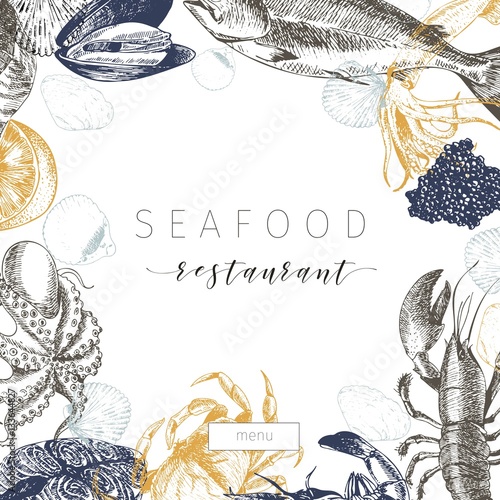 Vector hand drawn seafood banner.Lobster, salmon, crab, shrimp, ocotpus, squid, clams
