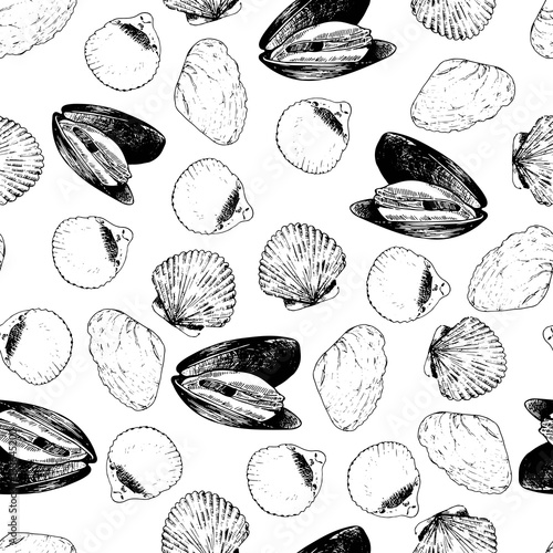 Vector seamless pattern of seafood. Mussels and clams. Hand drawn engraved icons.
