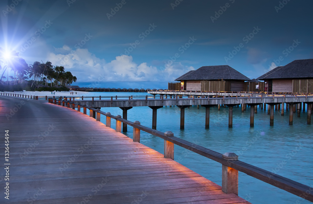 Island in ocean, Maldives. Night.