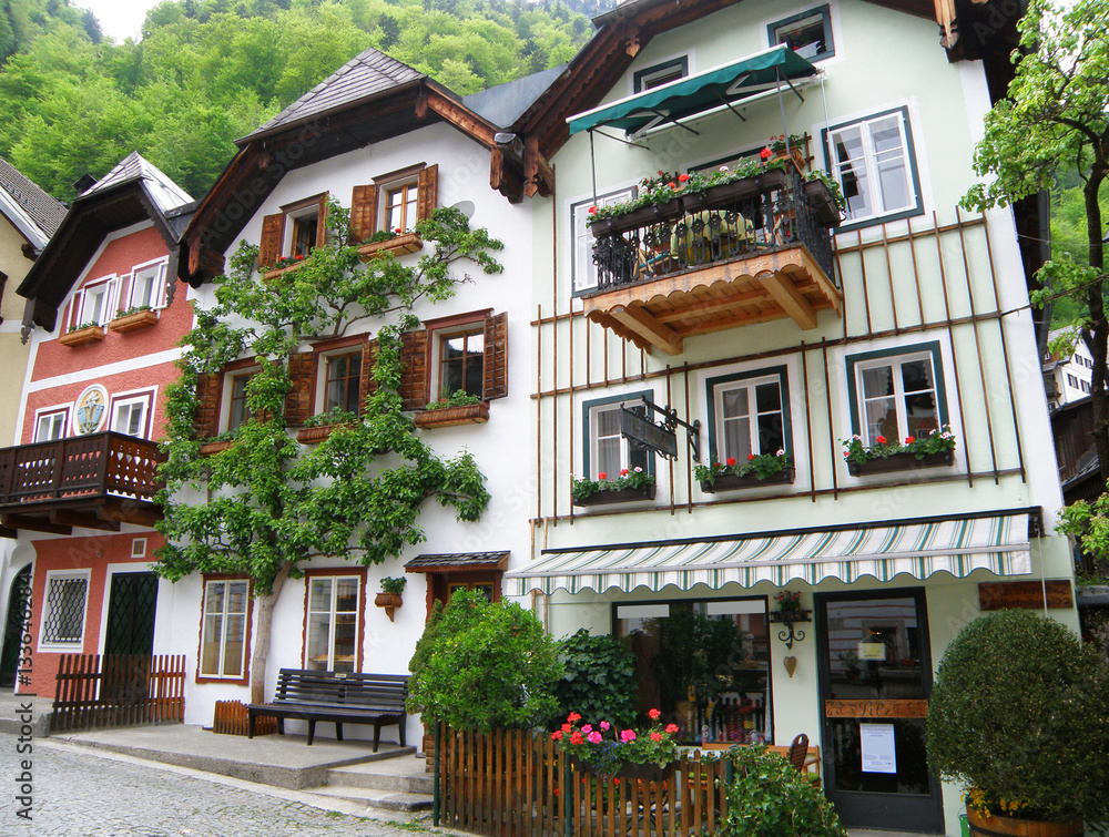 Beautiful White and Pink Traditional Architecture at Market Square of Hallstatt in Salzkammergut, Austria