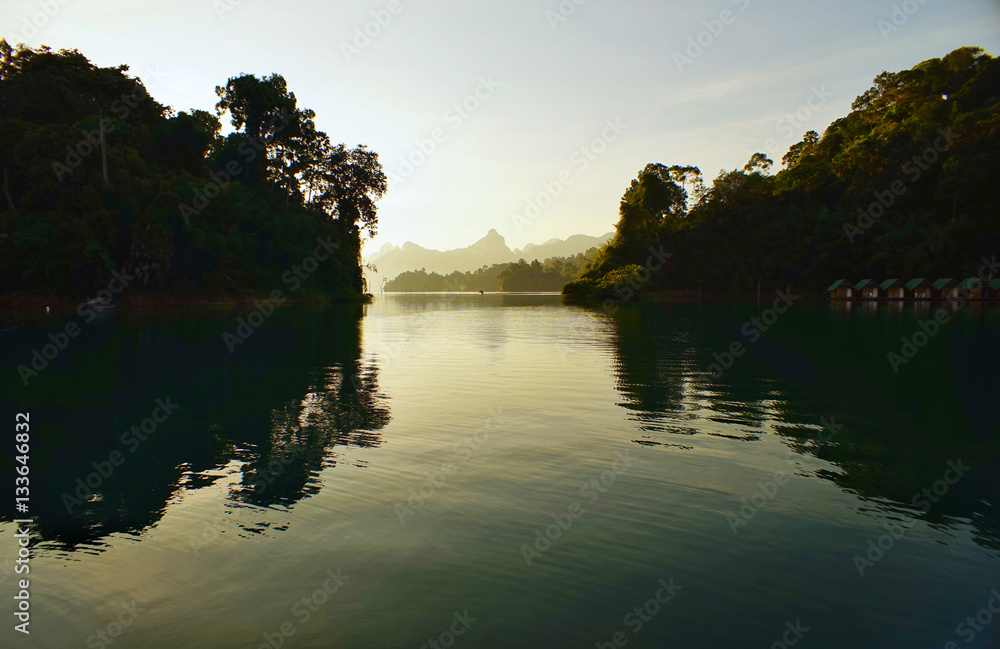 Backlight View  Rajjaprabha Dam at Khao Sok National Park, in Surat Thani, Thailand.