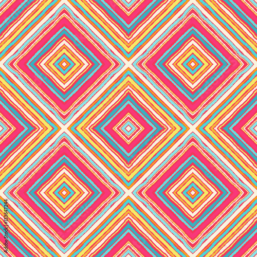Striped diagonal rectangle seamless pattern. Square rhombus lines with torn paper effect. Ethnic background. Yellow, pink, rosy, blue, white colors. Vector