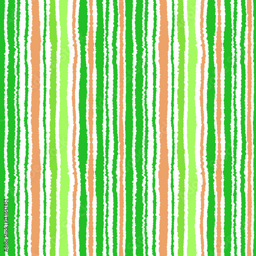 Seamless strip pattern. Vertical lines with torn paper effect. Shred edge texture. Green, white, orange colored background. Spring theme. Vector
