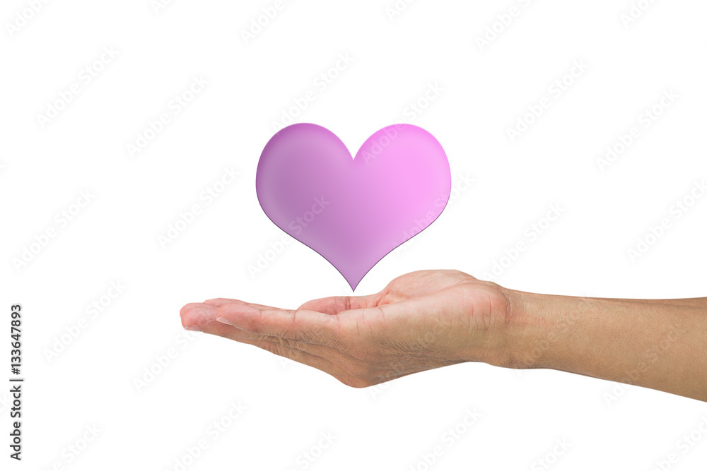 Man's hand holding pink heart on white background Man's hand holding pink heart on white background