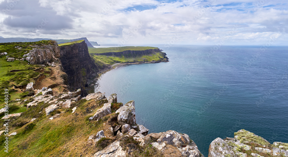 The dramatic and steep rocky cliffs of Ramasaig near Dunvegan on the Isle of Skye, Scotland, UK.      