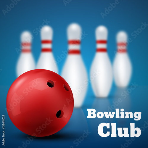 Bowling club poster with red ball and skittles. Vector