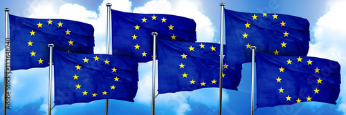 European union flags, 3D rendering, on a cloud background