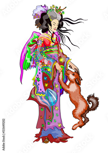 Japanese woman and redhead dog on a white background