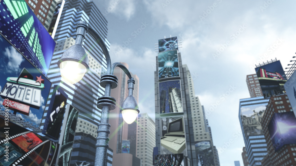 City scape at Time Square New York Manhattan. 3D rendering - obrazy, fototapety, plakaty 