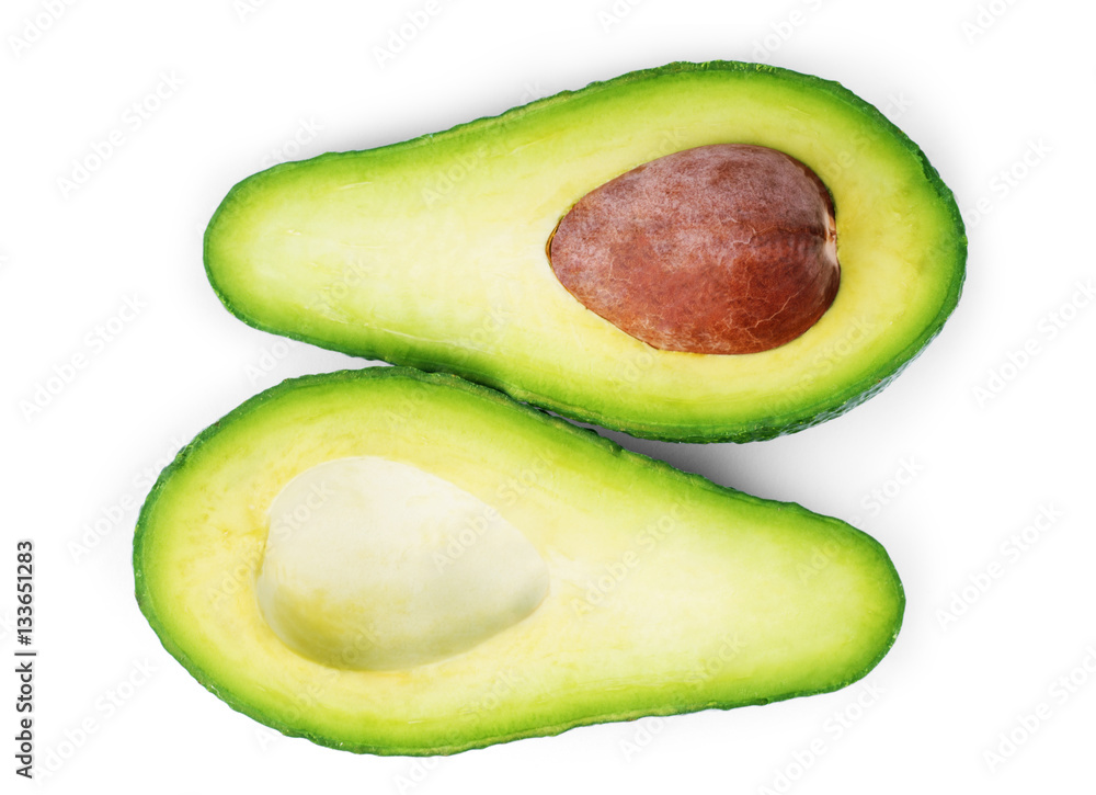 Two slices of avocado isolated on the white background. One slic