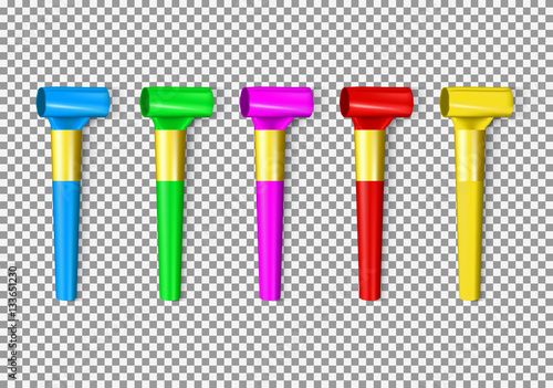 Set of color penny whistle. Top view on vector objects isolated on transparent background.
