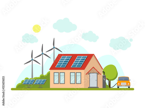 Cartoon Eco Home Exterior Facade. Vector