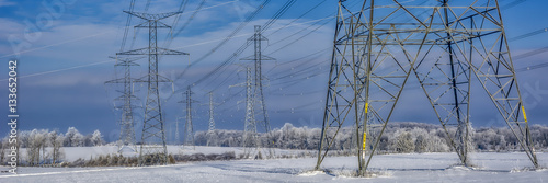 Fozen power lines and hydro towers after ice storm