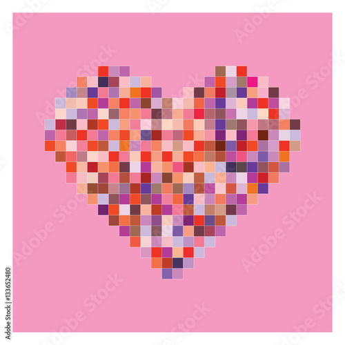 Colorful pixel heart shape in pink background. Valentine background.
