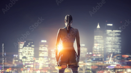 Young boxer woman outdoor . Mixed media . Mixed media