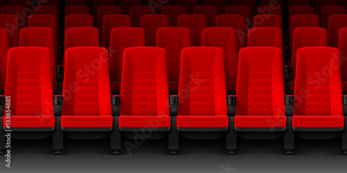 Movie theater with rows of red empty chairs, cinema hall seats 