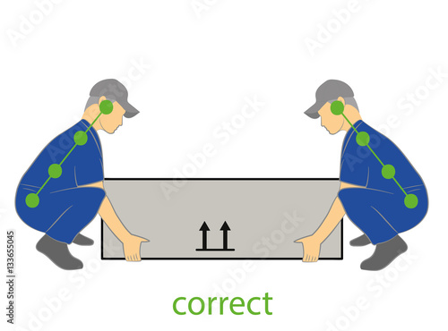 Correct posture to lift a heavy object safely. Health care vector illustration.