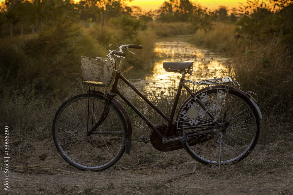 Vintage bicycle on local road with sunrise light background