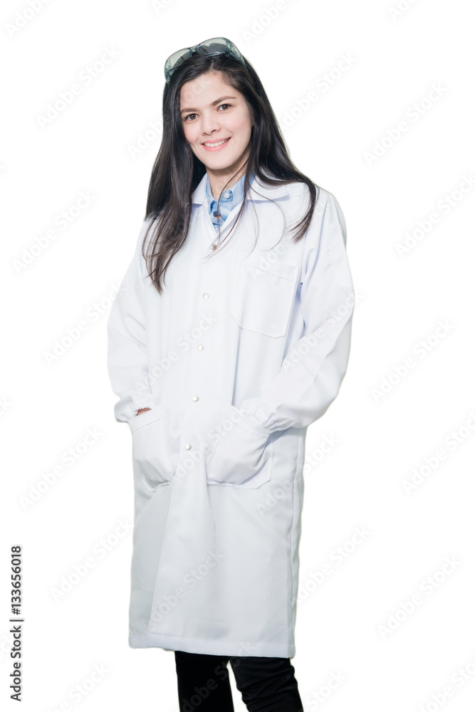Women scientist is standing on isolated white background Women scientist is standing on isolated white background