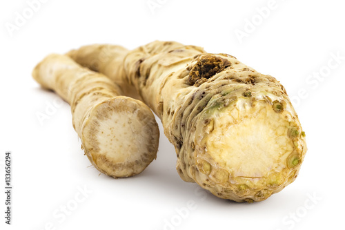 Fresh horseradish root isolated on white background
