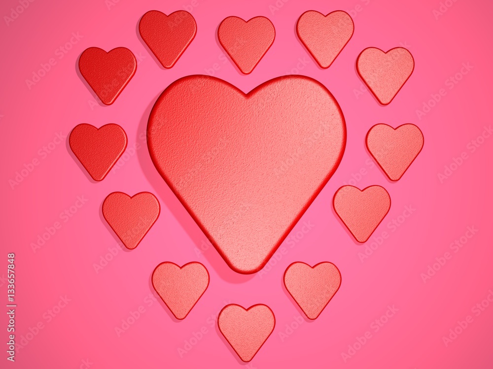 Hearts on pink background. Digital illustration. 3d render. 