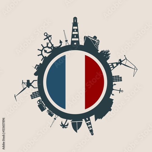 Circle with sea shipping and travel relative silhouettes. Vector illustration. Objects located around the circle. Industrial design background. France flag in the center.