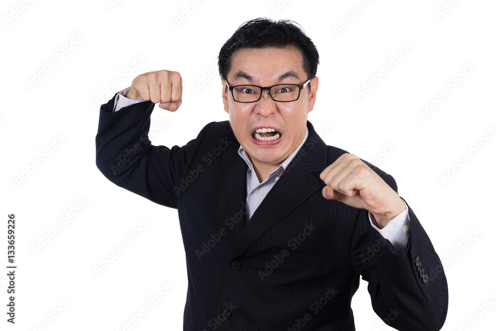 Angry Asian Chinese man wearing suit and holding both fist Angry Asian Chinese man wearing suit and holding both fist