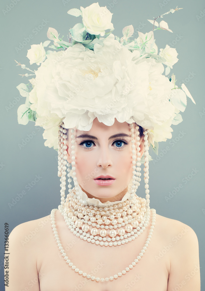 Elegant Woman with White Flowers. Young Face, Makeup, Roses and