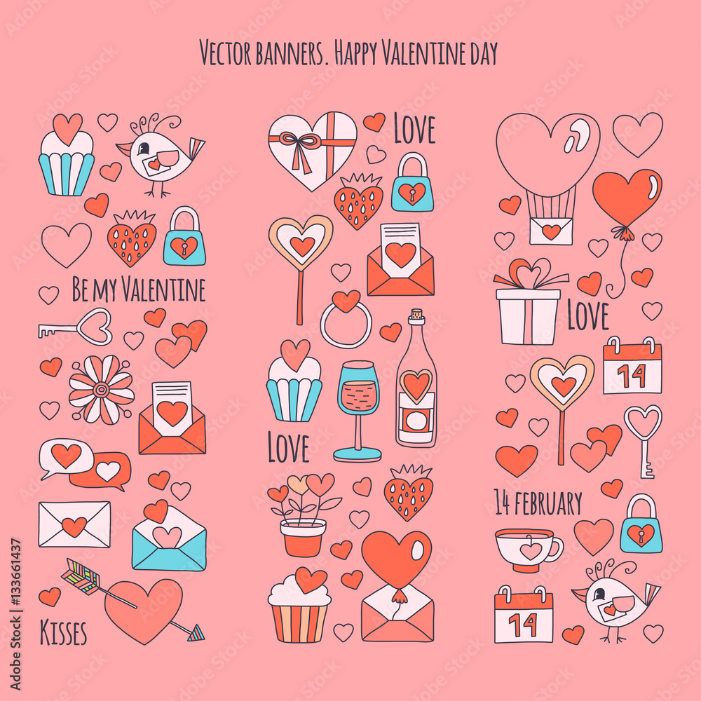 Valentine Day Vector pattern with icons of heart, cake, balloon on pink background Valentine Day Vector pattern with icons of heart, cake, balloon on pink background