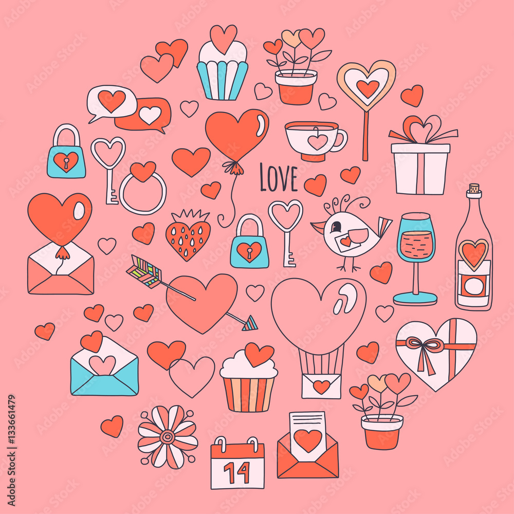 Valentine Day Vector pattern with icons of heart, cake, balloon on pink background Valentine Day Vector pattern with icons of heart, cake, balloon on pink background
