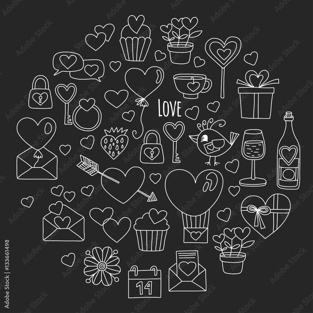 Valentine Day Vector pattern with heart, cake, balloon On blackboard backgoround