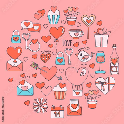 Valentine Day Vector pattern with icons of heart, cake, balloon on pink background