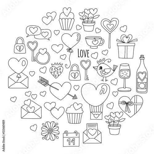 Valentine Day Vector pattern with heart, cake, balloon For invitations, coloring books, sale etc