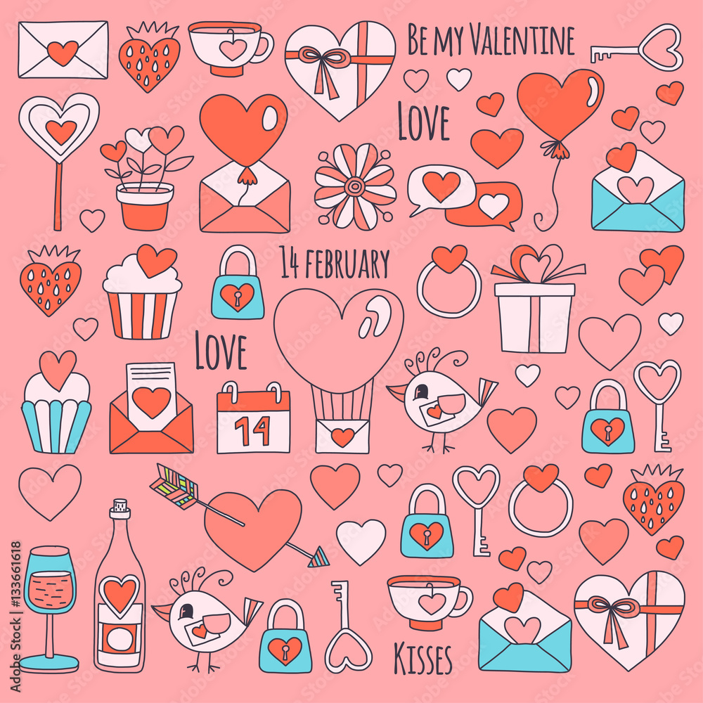 Valentine Day Vector pattern with icons of heart, cake, balloon on pink background Valentine Day Vector pattern with icons of heart, cake, balloon on pink background