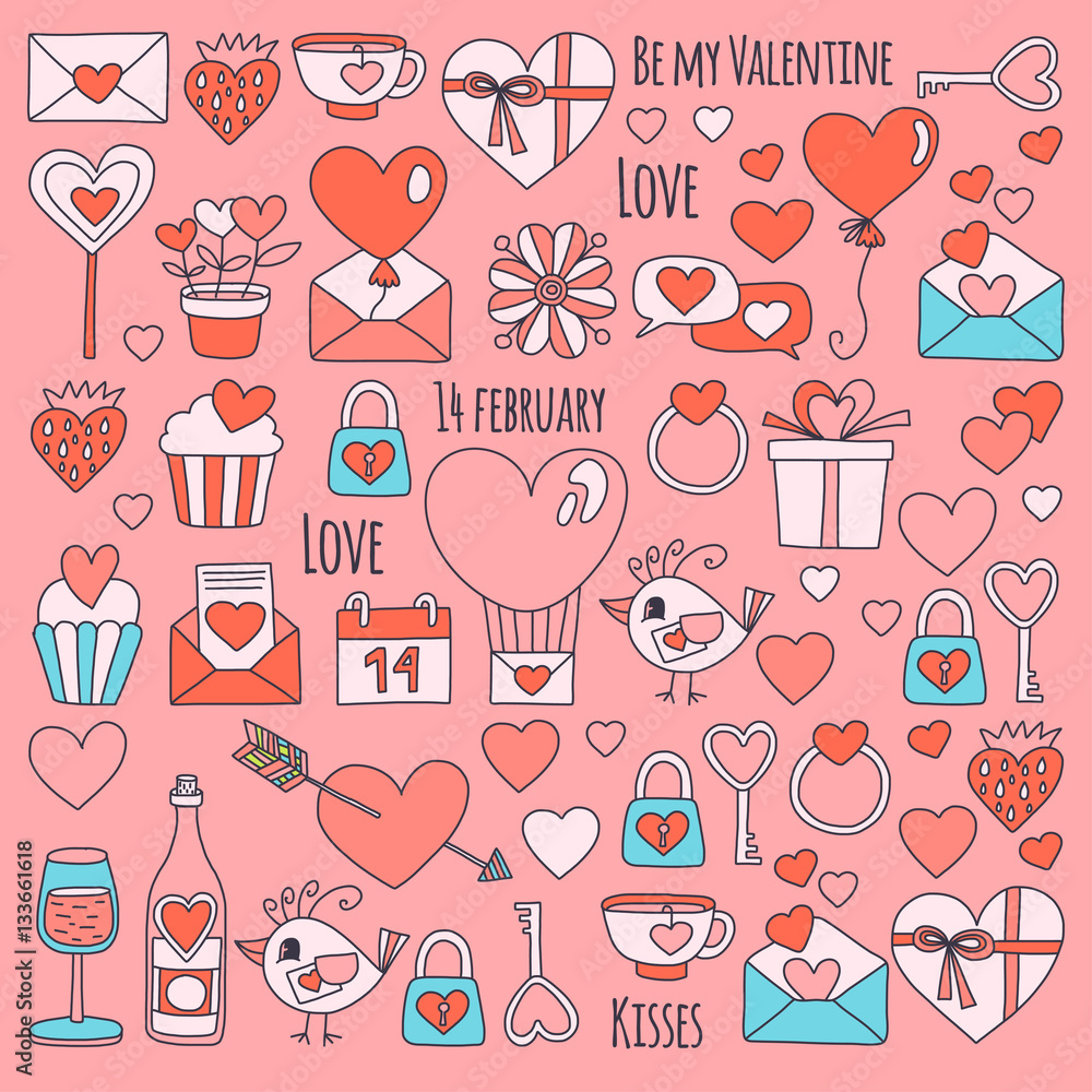 Valentine Day Vector pattern with icons of heart, cake, balloon on pink background