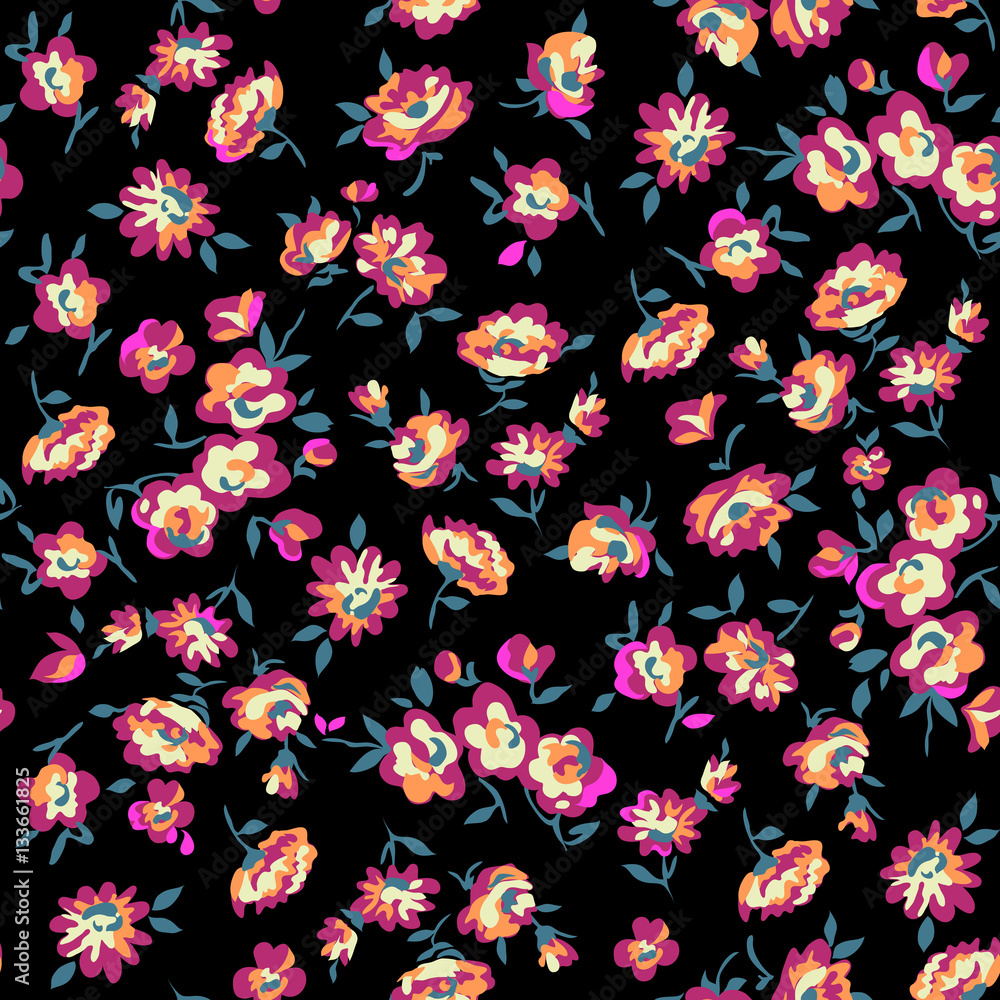 Ditsy sweet flowers on a black background - seamless background