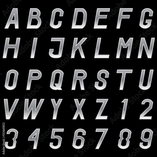 Vector set of grey metal alphabet letters and numbers