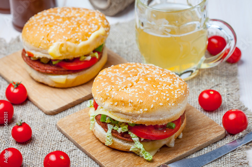 Homemade hamburger with fresh vegetables.