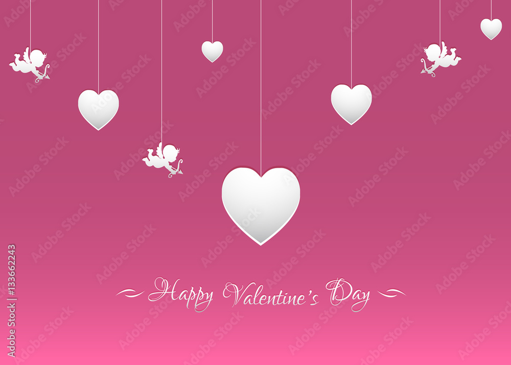 Vector background for Valentine's day with white hearts and cupids.