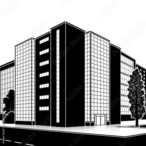 silhouette office building with an entrance and reflection