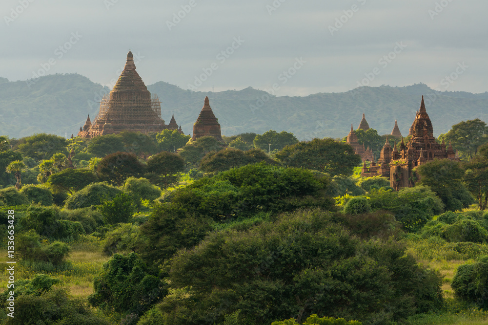 Ruin and ancient pagodas in Bagan at sunset, Mandalay, Myanmar