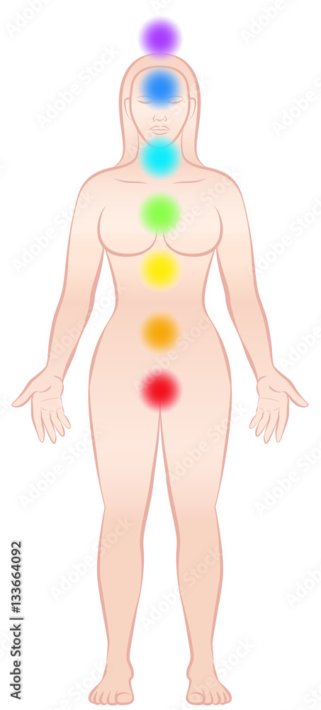 Meditating woman with chakras - standing yoga position. Meditating woman with chakras - standing yoga position.